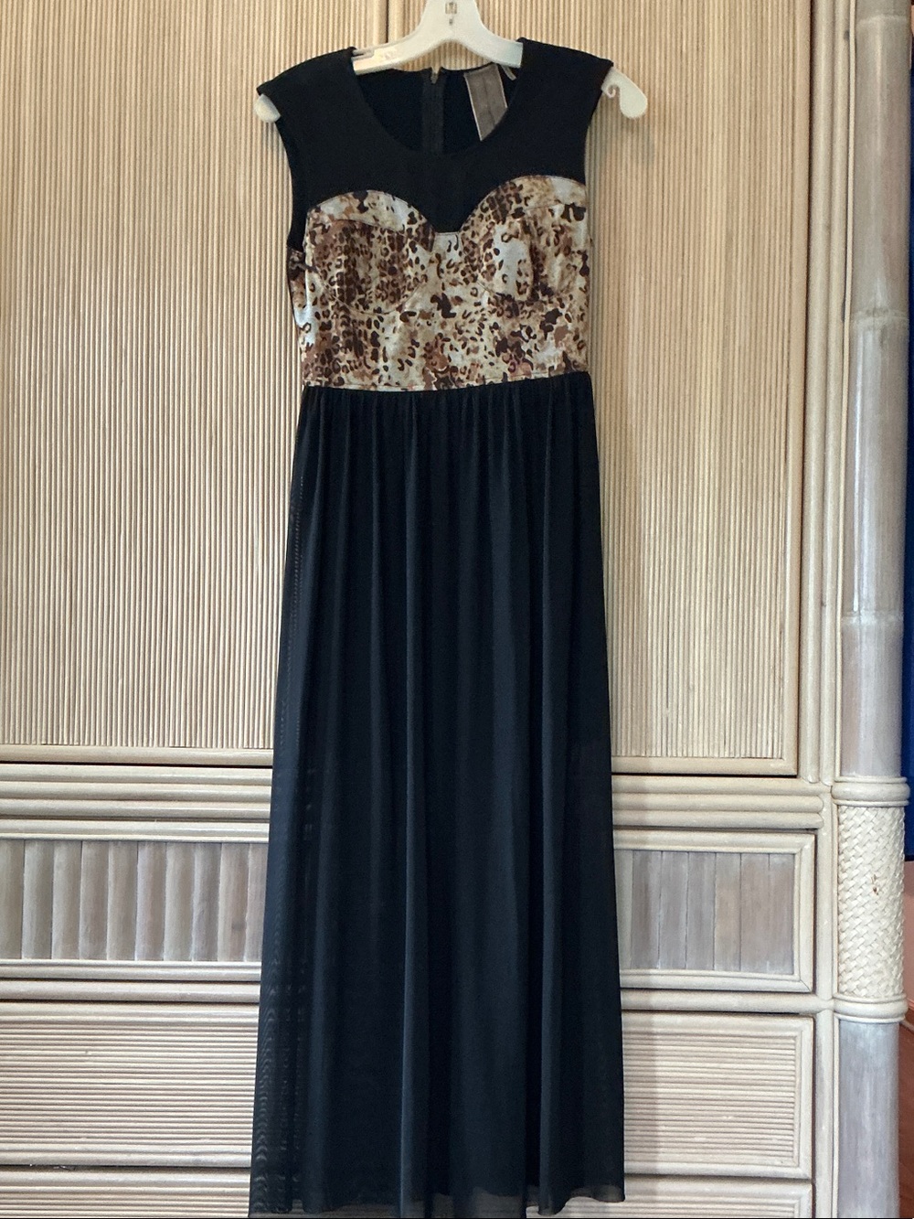 Black Evening Maxi Dress with Leopard Print Bodice